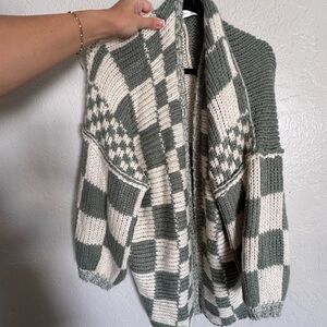 Altar'd State Green and White Checkered Cardigan